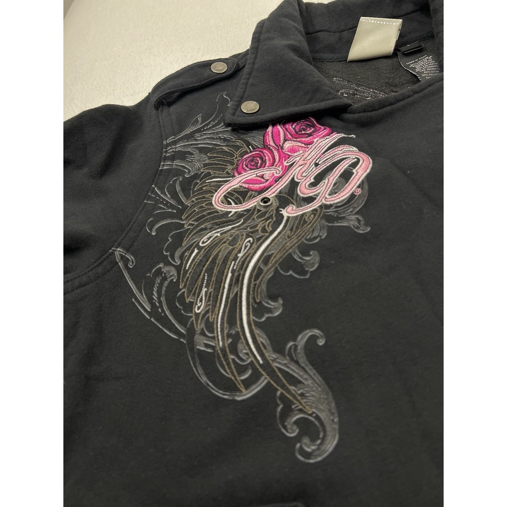 Harley Davidson Jacket Women Large Black Snap Embroidered Roses Rock Vintage Y2K - Picture 5 of 11